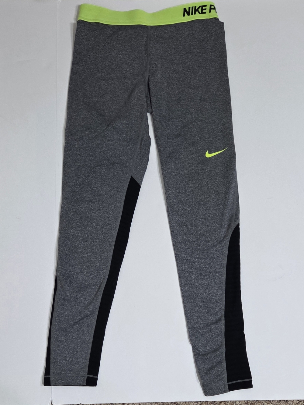 Nike Women's Pro Athletic Grey and Black Leggings with Neon Waistband - Picture 2 of 6